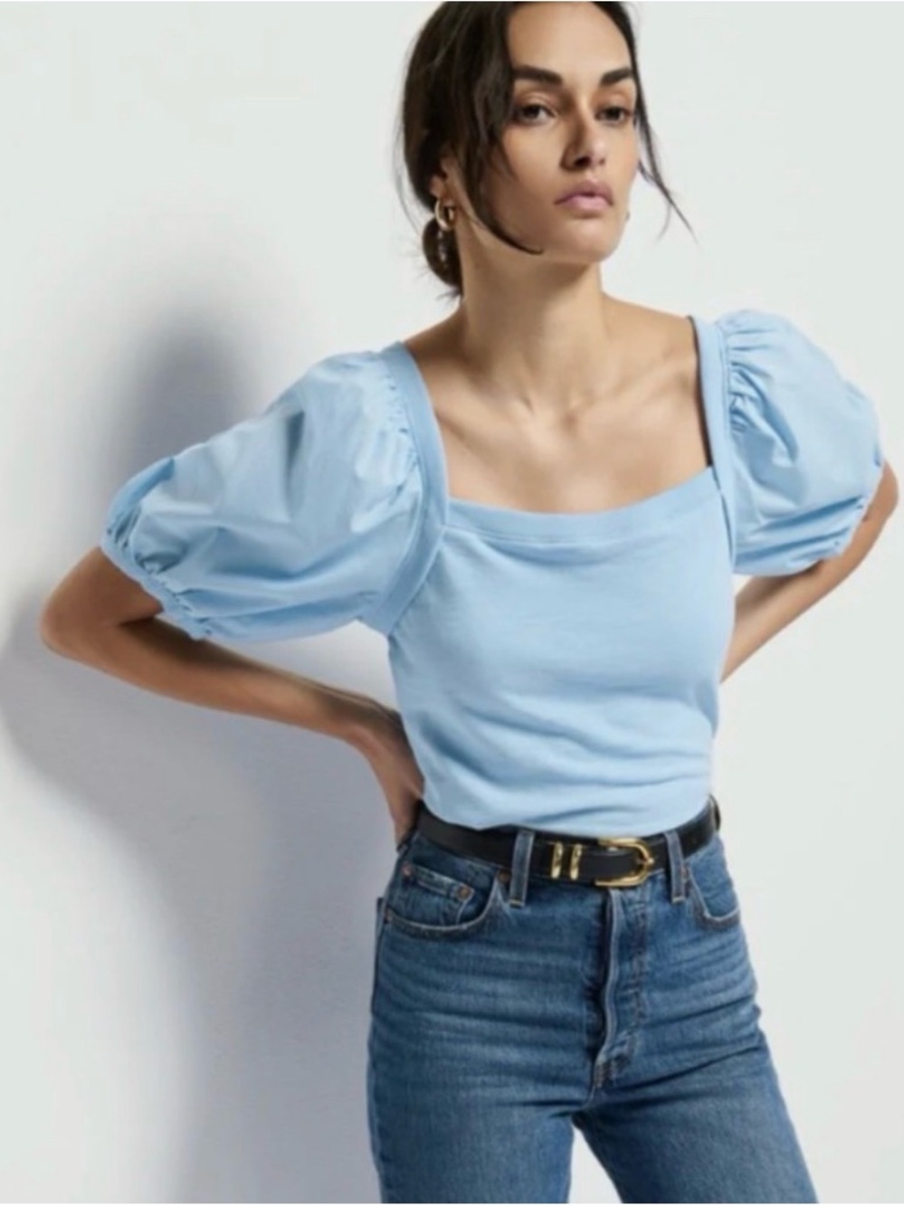 Anthro Nation Los Angeles Sky Blue Puff Sleeve Square Neck cotton Blouse XL
